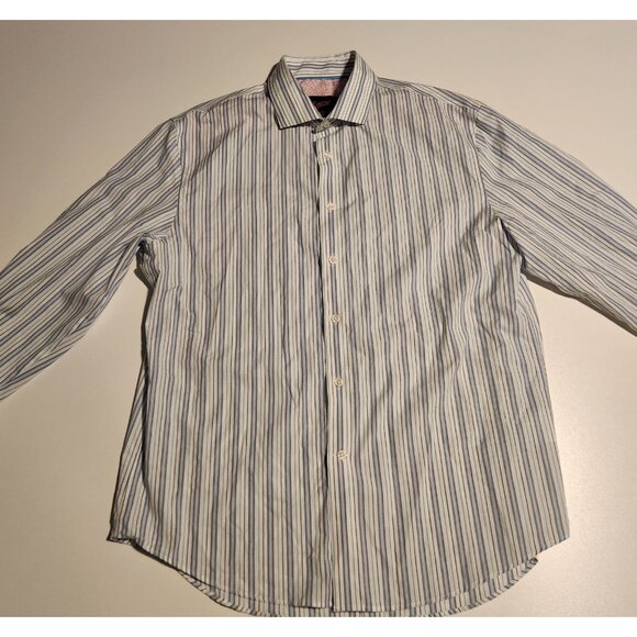 Egara Shirt Blue Striped Pink Flip Cuffs Modern Fit Stretch Mens Large - Picture 4 of 13